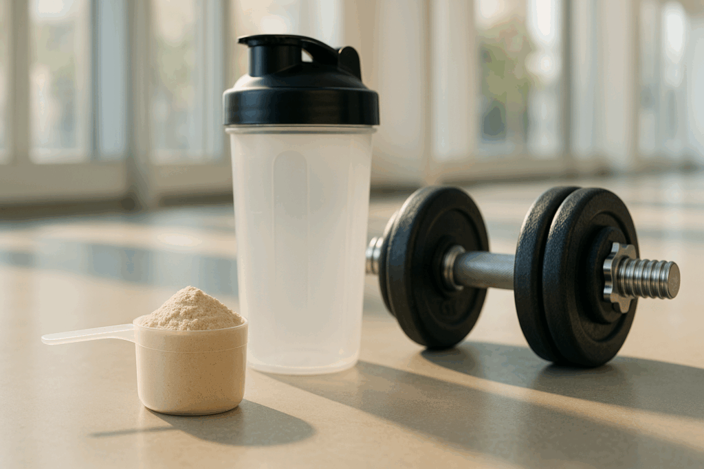 Illustration d'une whey protéine et d'un shaker de musculation
