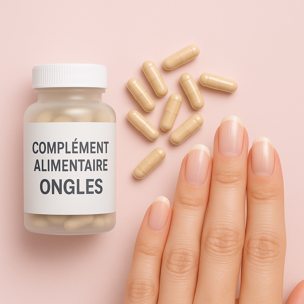 Illustration de gélules fortifiantes et de doigts aux ongles sains